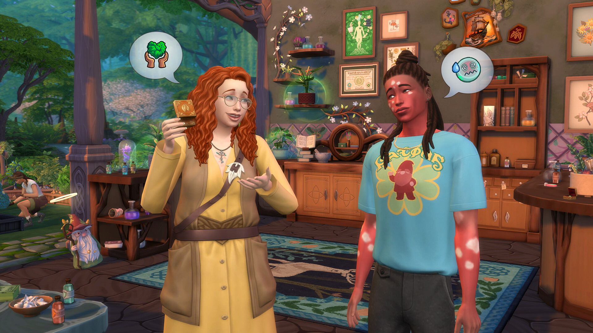 Two Sims chatting with new speech bubble and mood indicators from the Enchanted by Nature expansion pack. One has a green heart and seems enthusiastic about nature, the other looks a little tired and apprehensive.