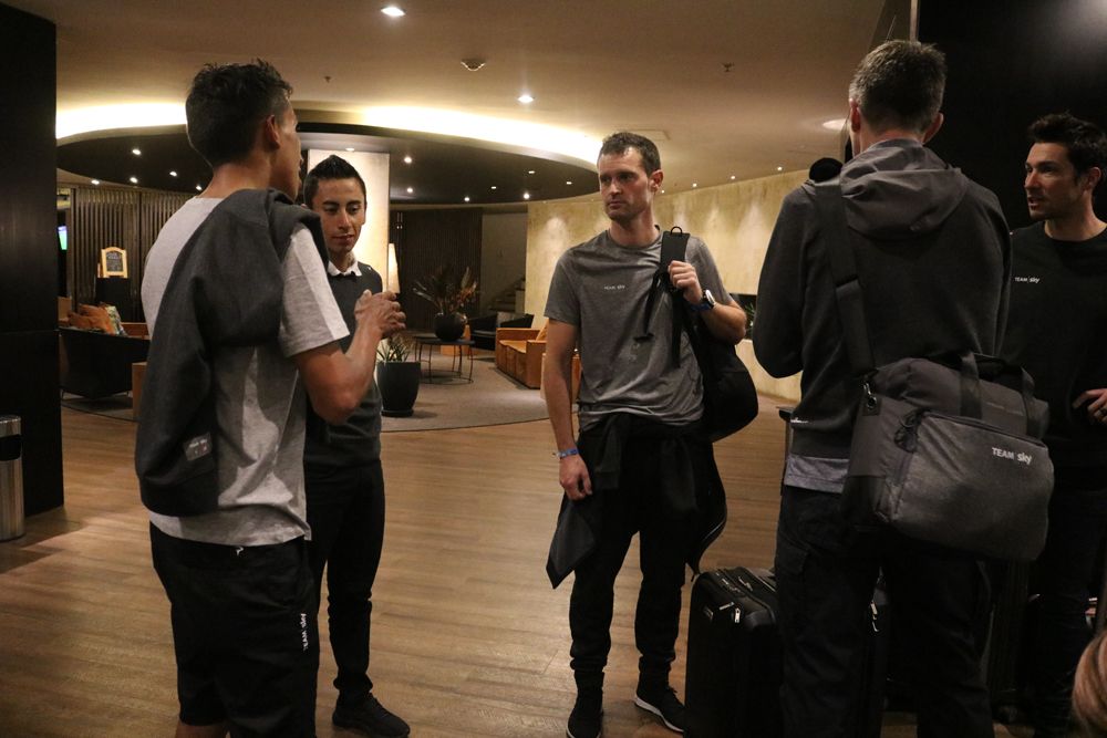 Team Sky riders arrive at the race hotel