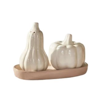 Two white pumpkin shaped salt and pepper shakes on top of a beige colored tray