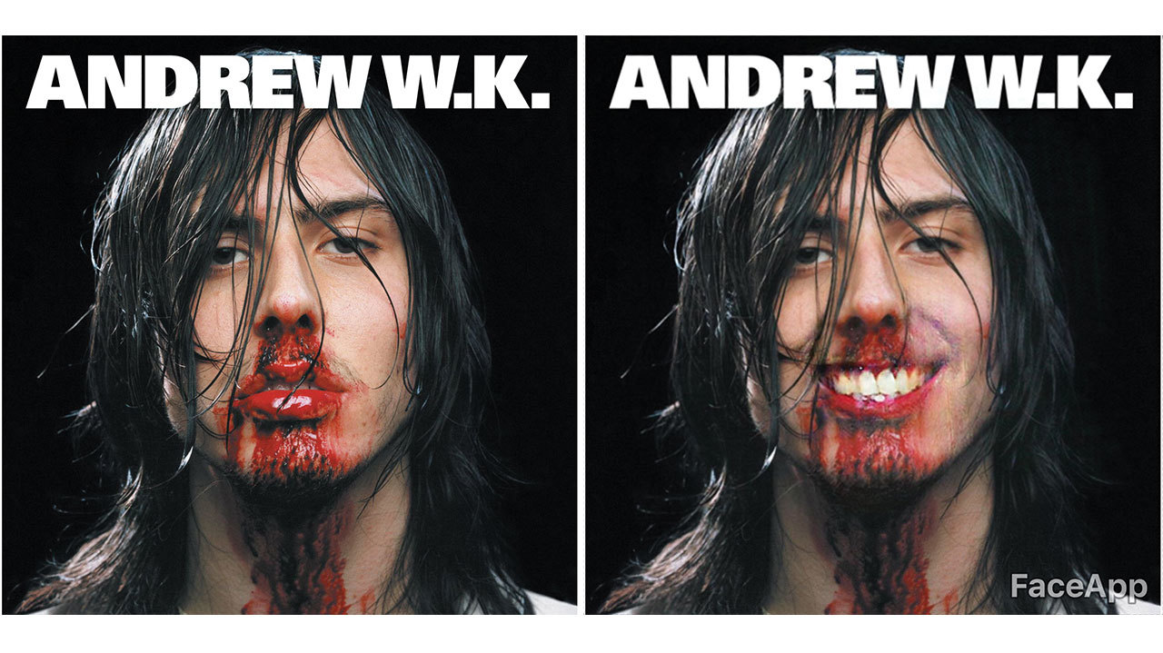 Augmented image of Andrew WK&#039;s cover art with him smiling