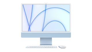 Blue M1 iMac (2021) on a white background with keyboard and mouse