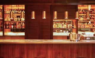 Close up view of wooden themed bar