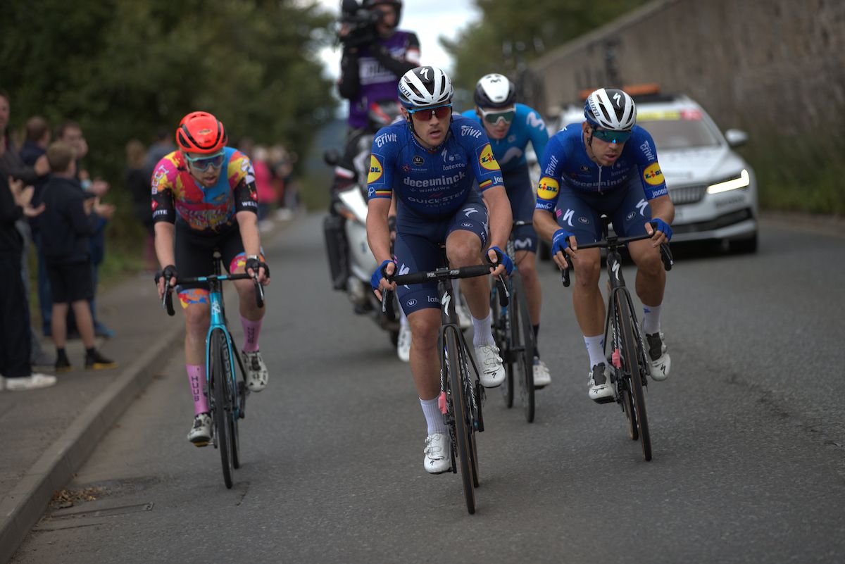 Picture by SWpixcom 11092021 Cycling AJ Bell Tour of Britain Stage 7 Hawick to Edinburgh Scotland Yves Lampaert and Davide Ballerini of DeceuninckQuickStep in the breakaway