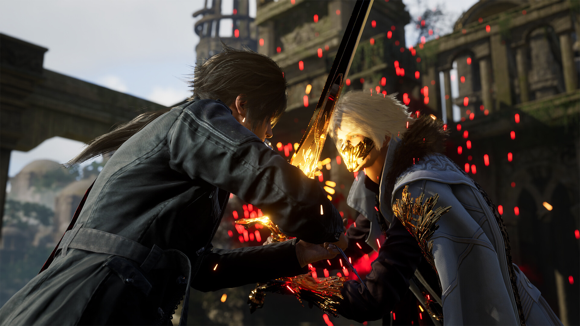 Kaser clad in black and Victor in white clash swords in Lost Soul Aside