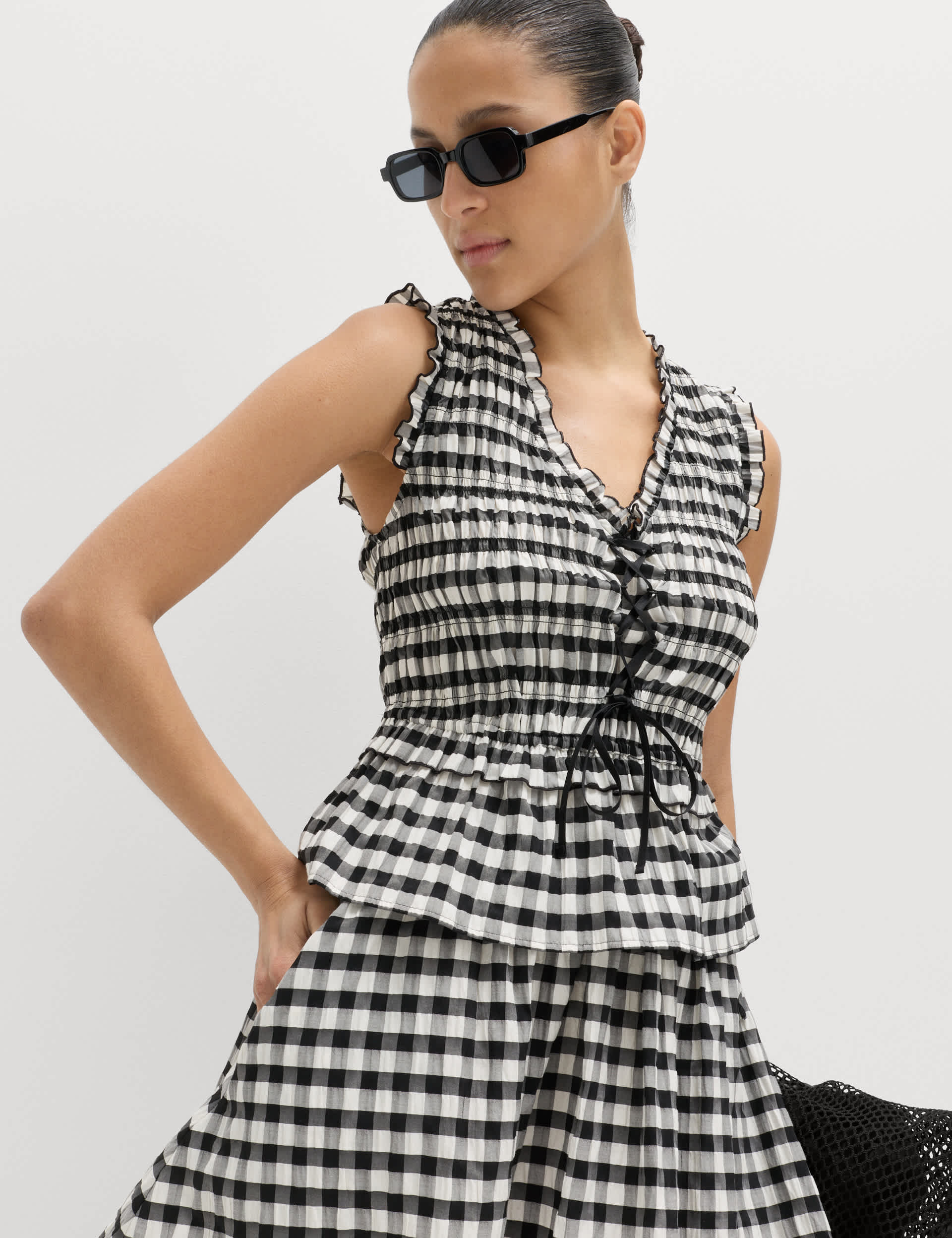 Cotton Blend Gingham Shirred Peplum Top