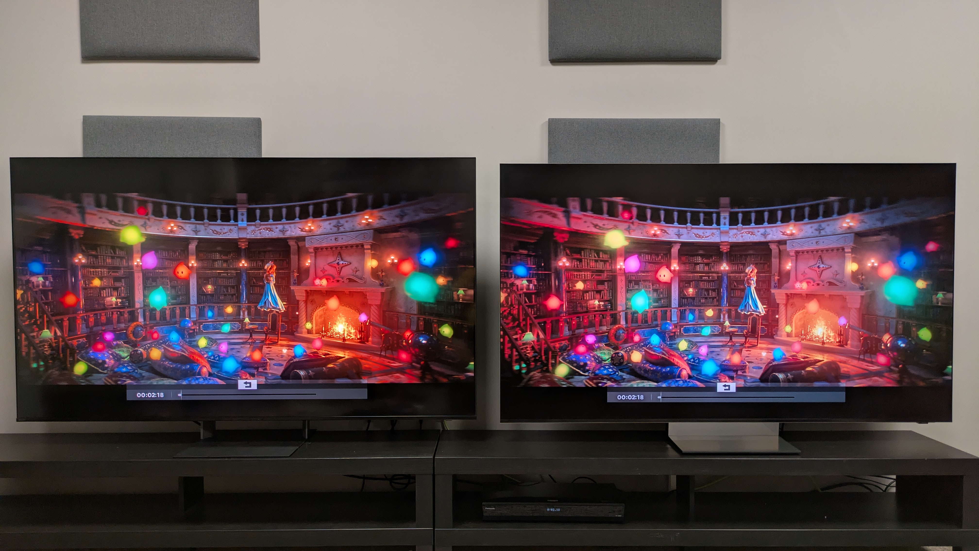 Sony Bravia 7 II (left) vs Samsung R95H (right) showing the Lumas from The Super Mario Galaxy movie on screen. Both Tvs have superb colors, but the Bravia 7 II's have more depth and richness
