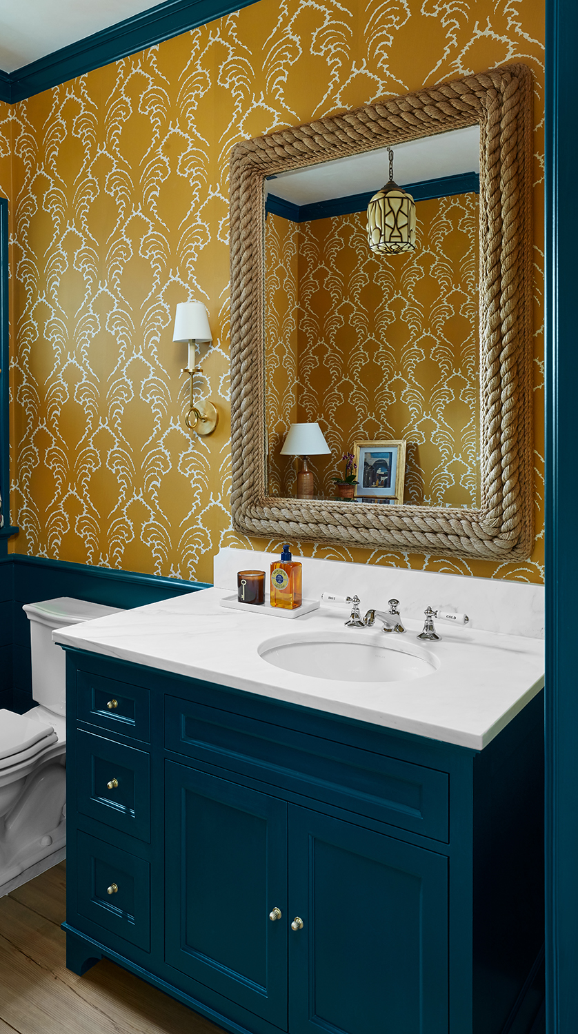 blue and yellow powder room