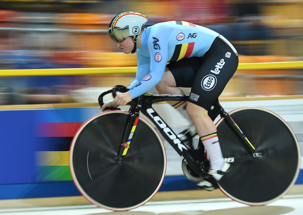 Belgium's Nicky Degrendele takes part in the qualifying round for the women's sprint during the UCI Track Cycling World Championships