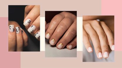 composite of three sets of hands with various milk nails manicure designs