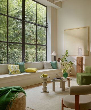 A spacious living room with a tall large window, a beige couch, coffee table, and seating