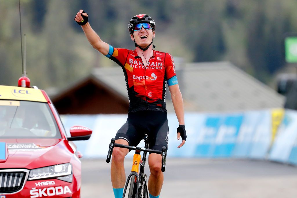 LA PLAGNE FRANCE JUNE 05 Mark Padun of Ukraine and Team Bahrain Victorious stage winner celebrates at arrival during the 73rd Critrium du Dauphin 2021 Stage 7 a 1715km stage from SaintMartinLeVinoux to La Plagne 2072m UCIworldtour Dauphin dauphine on June 05 2021 in La Plagne France Photo by Bas CzerwinskiGetty Images