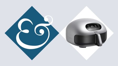 A Typhur dome air fryer in a white diamond, next to a blue diamond with a & sign in it. 
