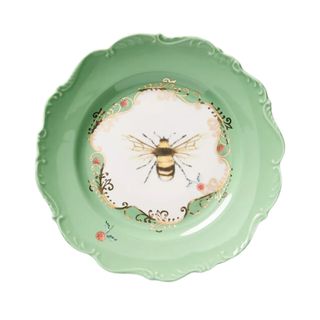 Lou Rota Anthropologie dessert plate in green with a bumblebee illustration 
