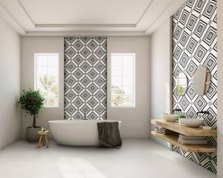 White, grey and wood tiled bathroom by Tile Mountains