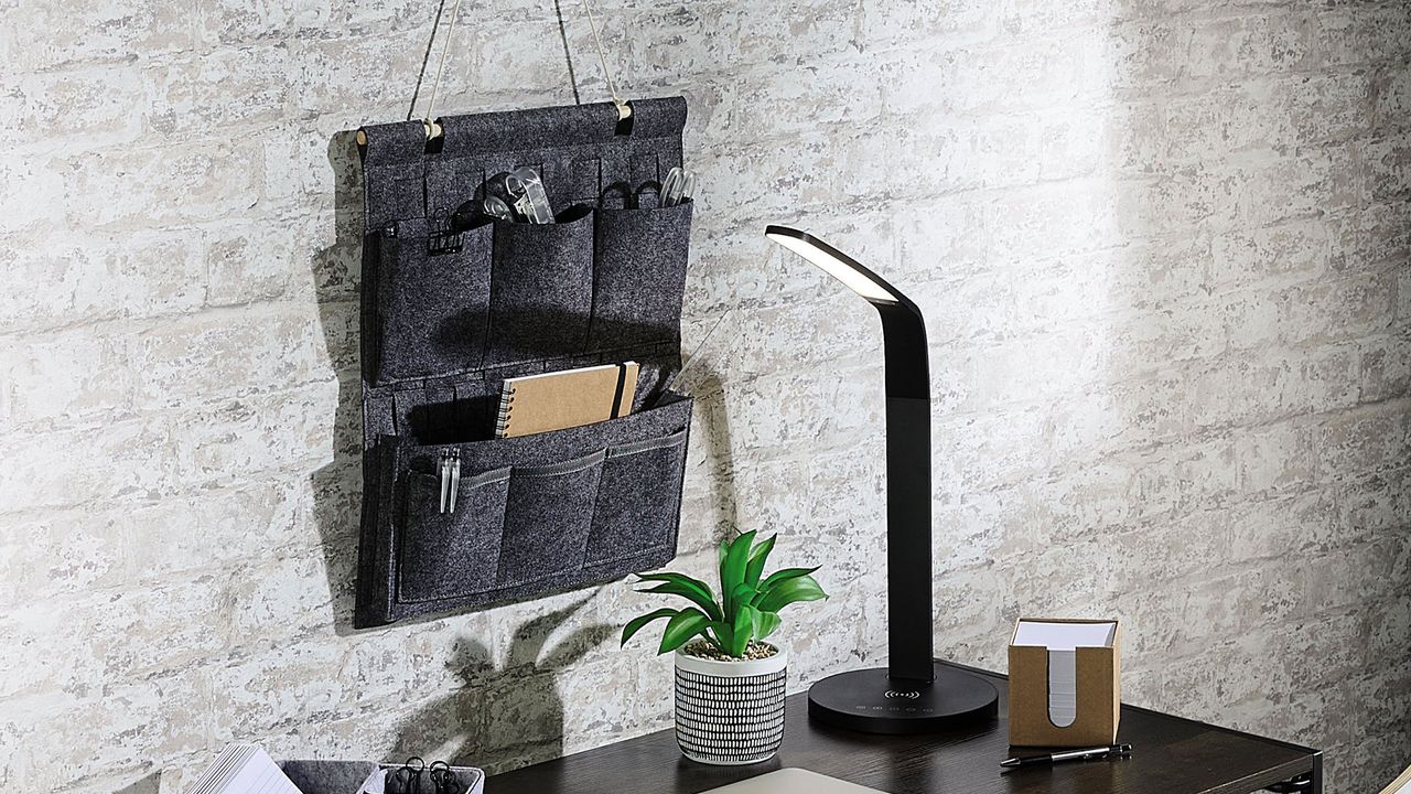 Aldi wall hanging and organiser in grey office space