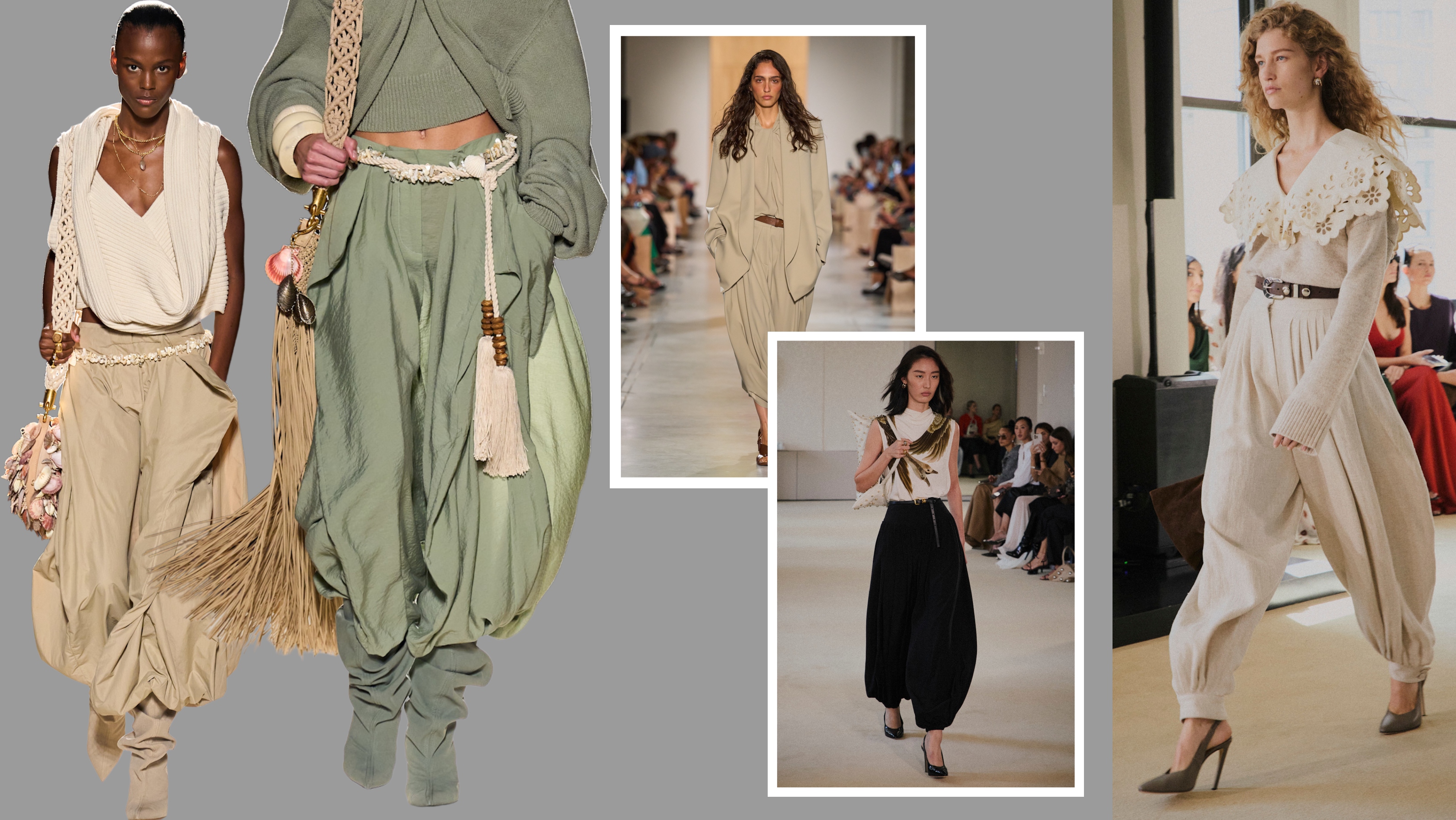 collage of women wearing balloon pants on the spring 2026 runways 