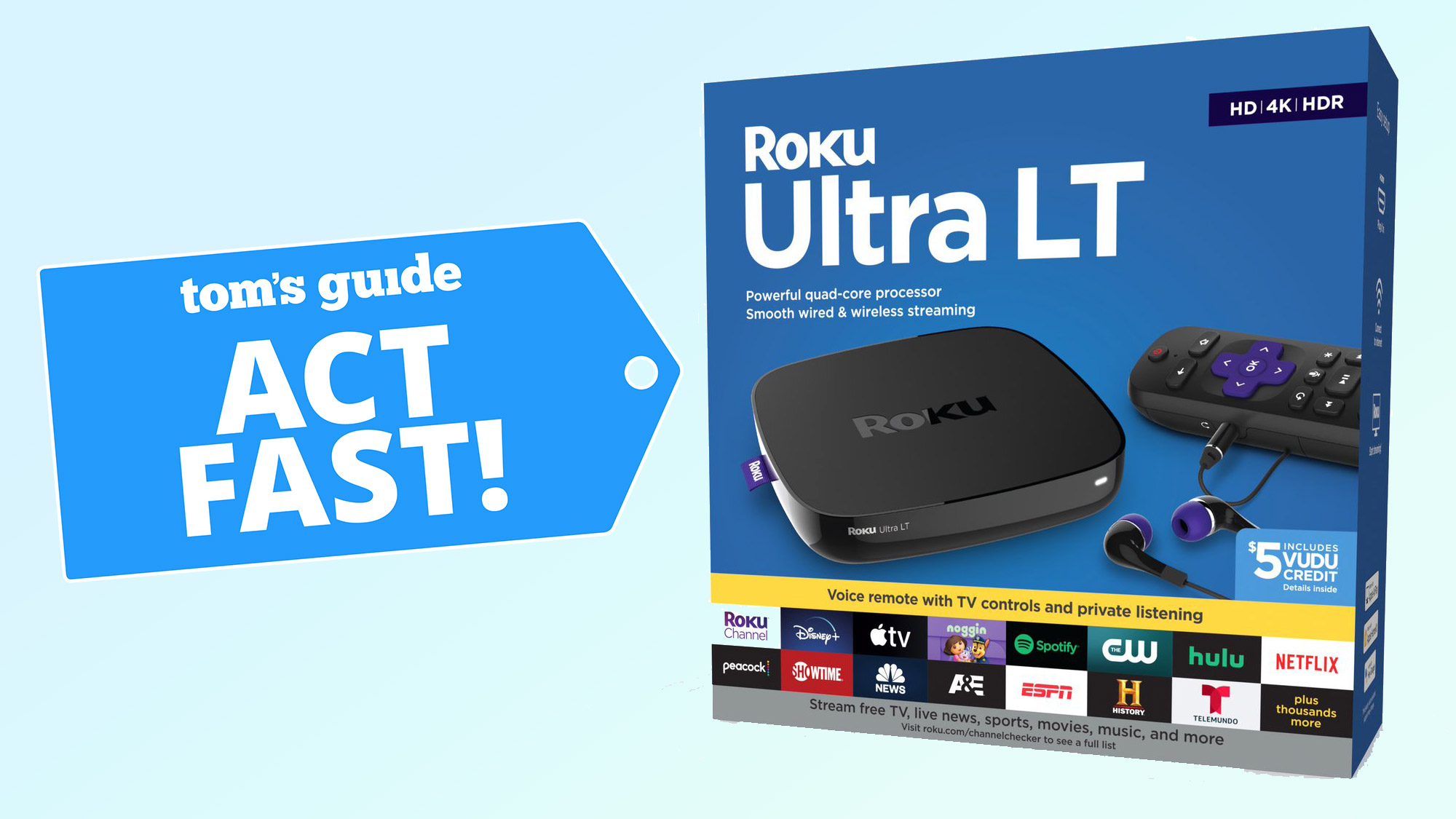 Black Friday header image featuring product show of the Roku Ultra LT streaming box.