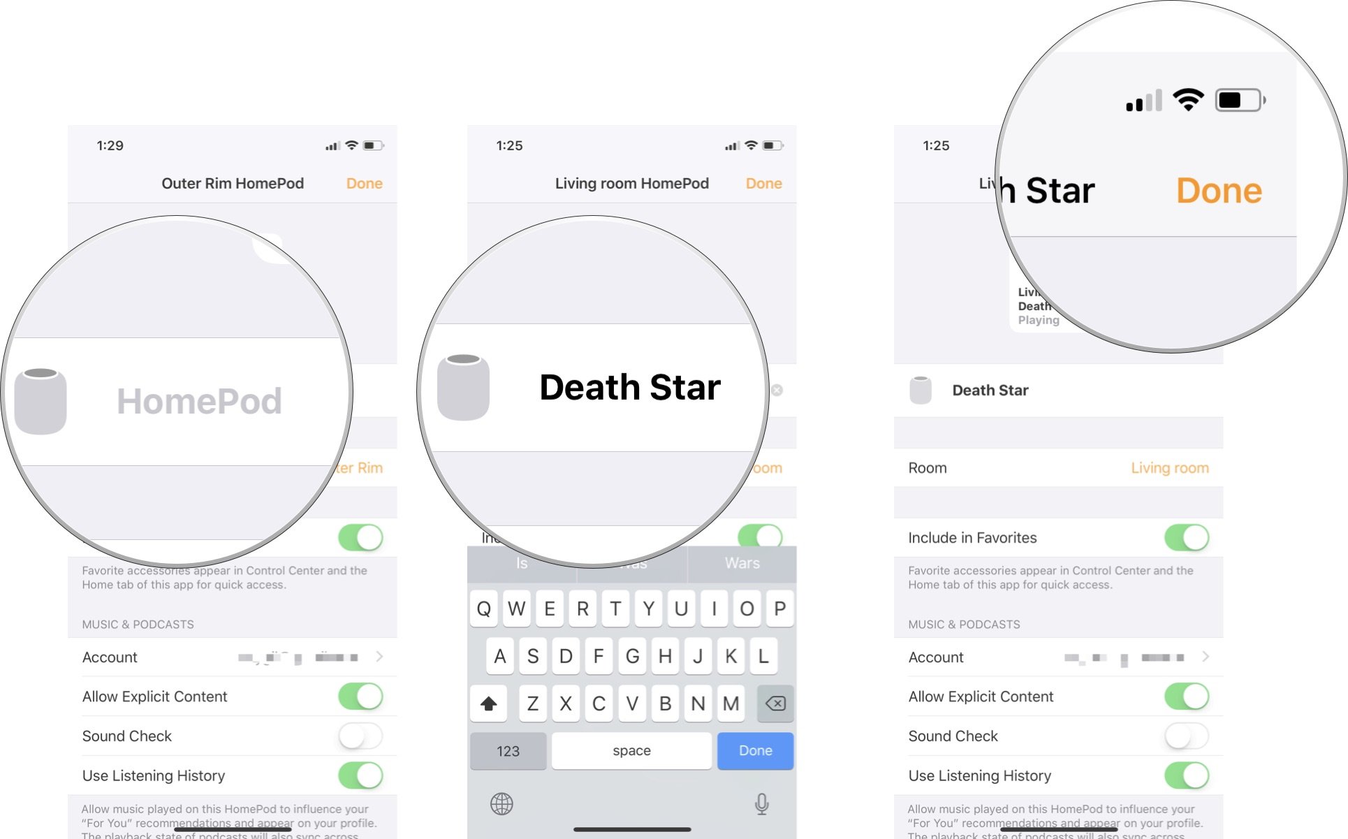 Tap HomePod, rename your Homepod, then tap Done