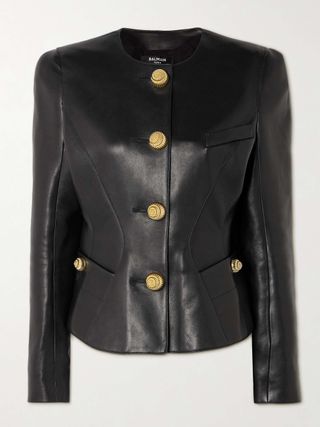 Paneled Embellished Leather Peplum Jacket