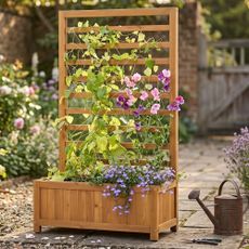 Lidl wooden planter box with trellis in country garden with watering can