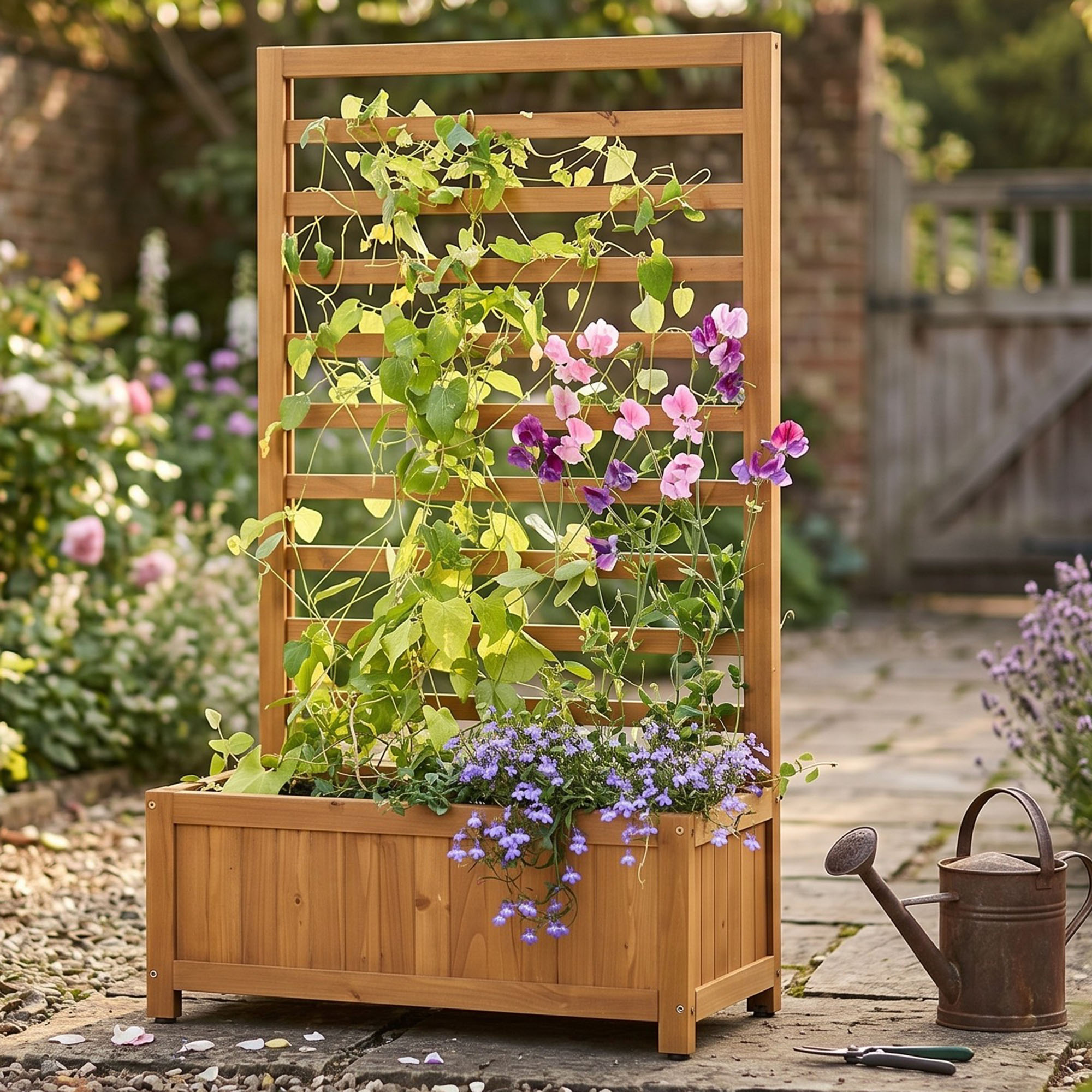Lidl wooden planter box with trellis in country garden with watering can