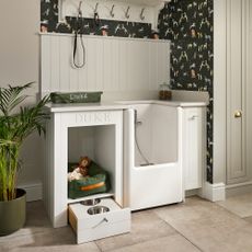 dog shower with bed and feeding drawer