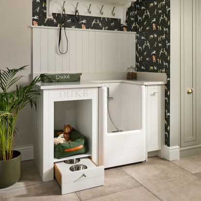 dog shower with bed and feeding drawer