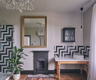 traditional bathroom with patterned tiles