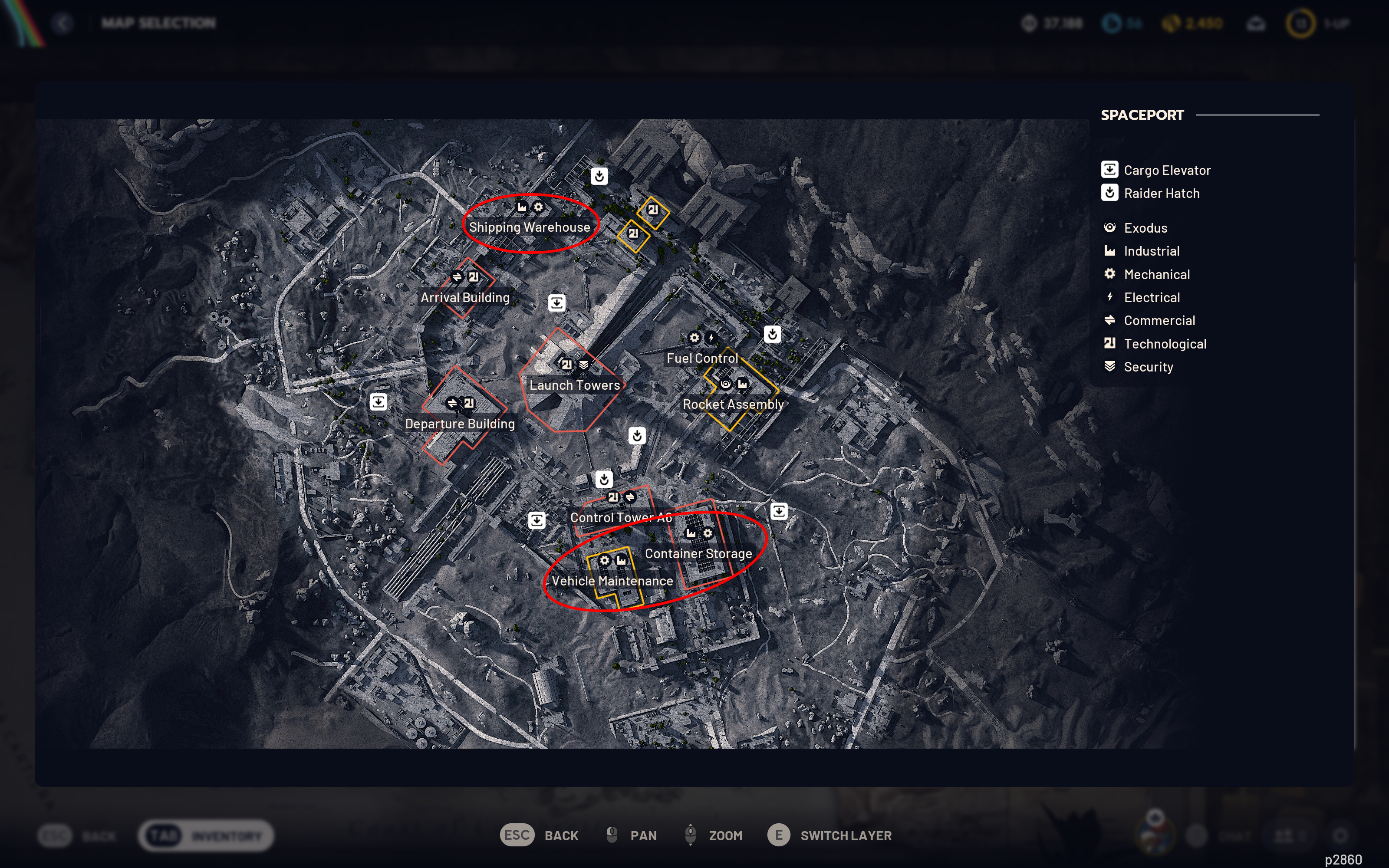 Arc Raiders Rusted Tool locations: A map of Spaceport with two red ovals showing where to find Rusted Tools.