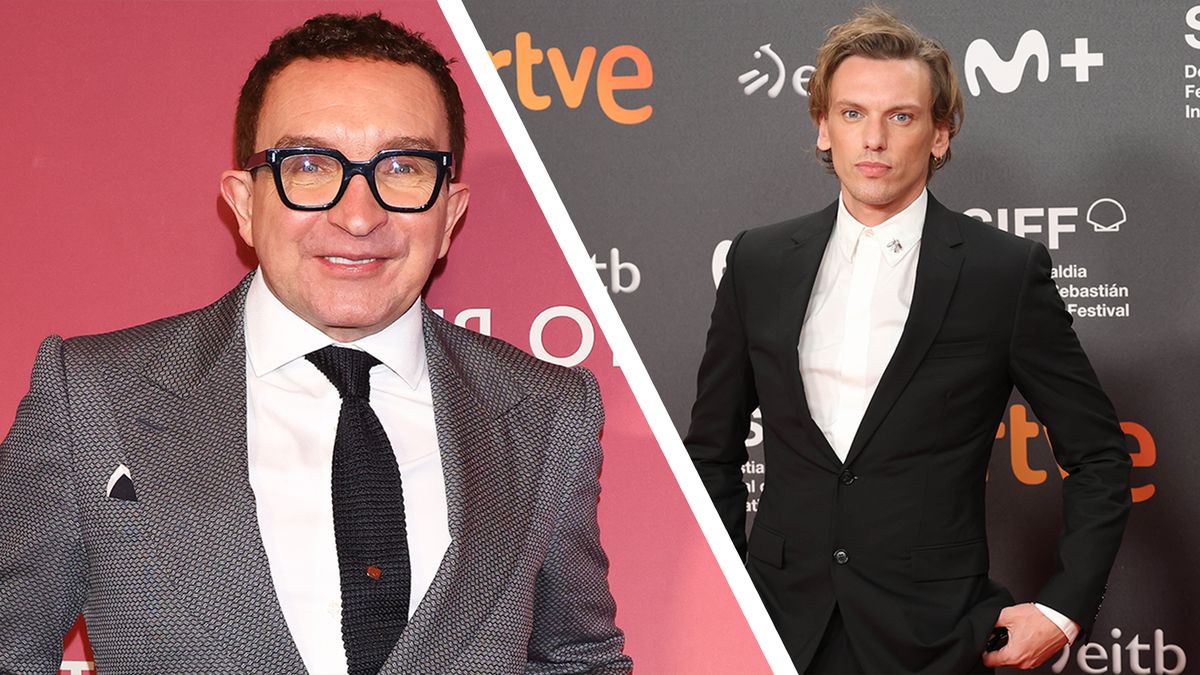 A collage image of Eddie Marsan and Jamie Campbell Bower posing at different read carpet events