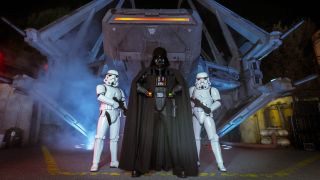 Darth Vader and Stormtroopers in front of Spaceship at Star Wars: Galaxy's Edge At Disneyland