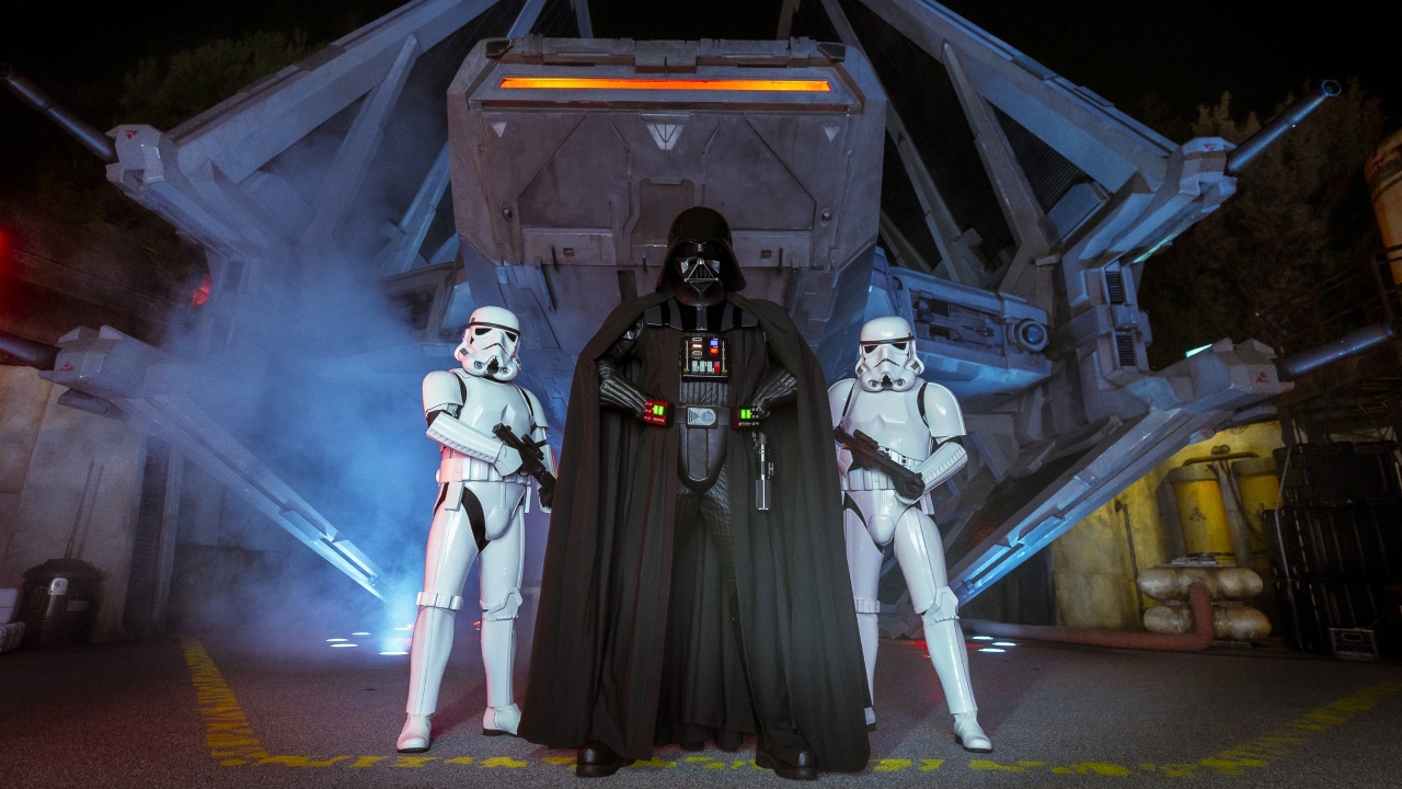 Darth Vader and Stormtroopers in front of Spaceship at Star Wars: Galaxy's Edge At Disneyland