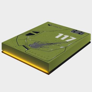 Seagate Game Drive for Xbox (Halo Edition) in green with orange lighting on a grey background