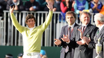 Northern Ireland's Rory McIlroy holds the trophy for the best amateur player of the the 136th British Open Golf Championship at Carnoustie