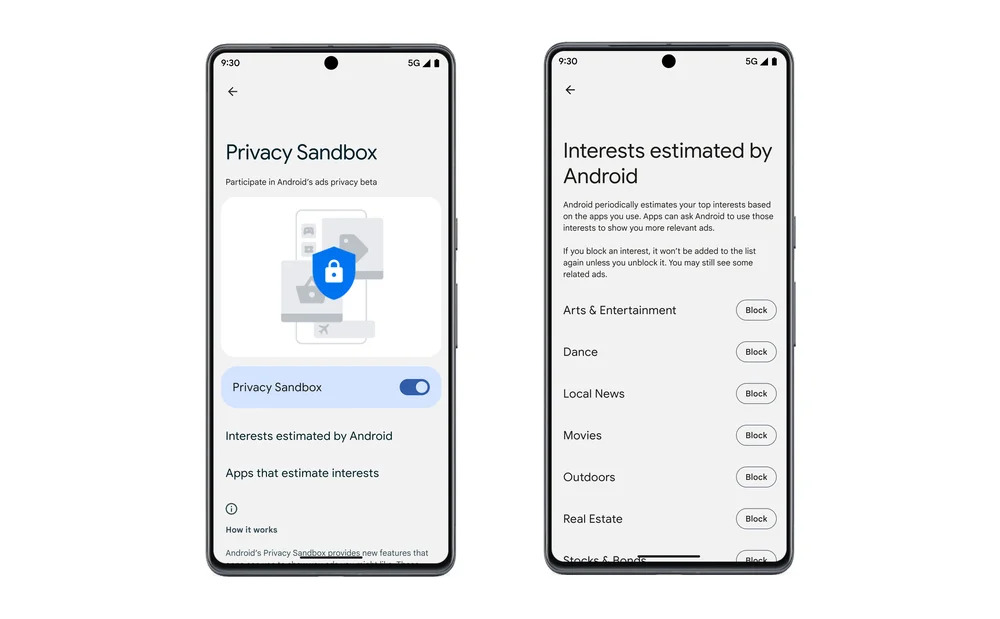 Configurações de sandbox de privacidade no Android 13