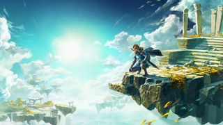 Key art for The Legend of Zelda: Tears of the Kingdom, showing Link looking down from a sky island.