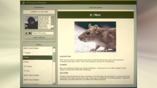 An old-school computer window displays a picture of a mouse, along with a description, its danger and the solution.