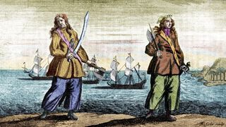 A colorized engraving of Anne Bonny and Mary Read.