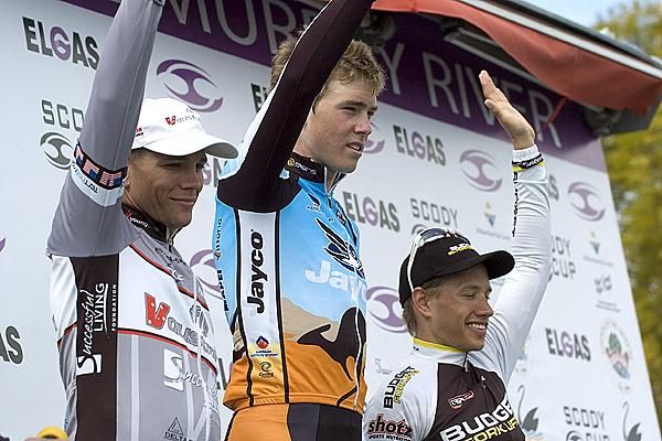 The stage ten podium (l-r): Jonathan Cantwell (2nd,Fly V Australia), Rohan Dennis (1st,Jayco/AIS), and Richard Lang (3rd,Budget Forklifts).