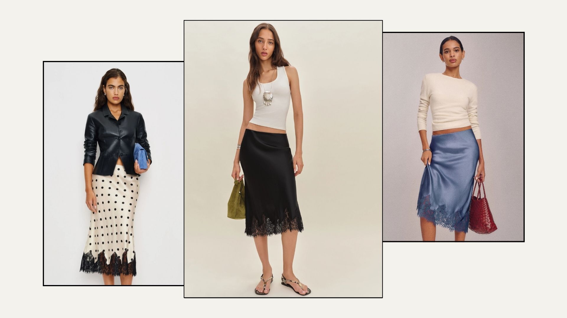 three images of the Reformation Carolina slip skirt