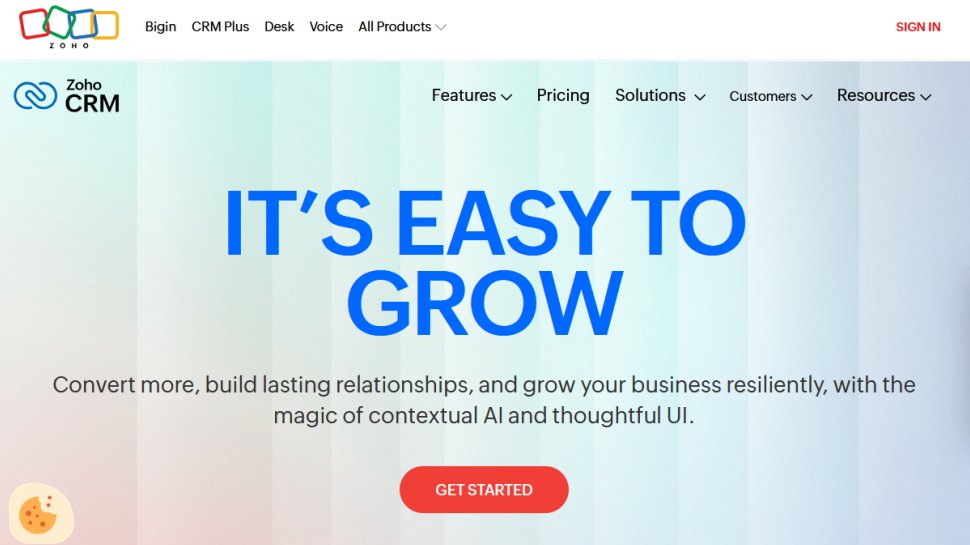 Zoho CRM website screenshot (May 2025).