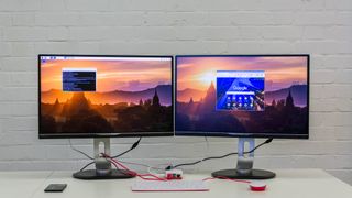 Monitors plugged into the new Raspberry Pi 4