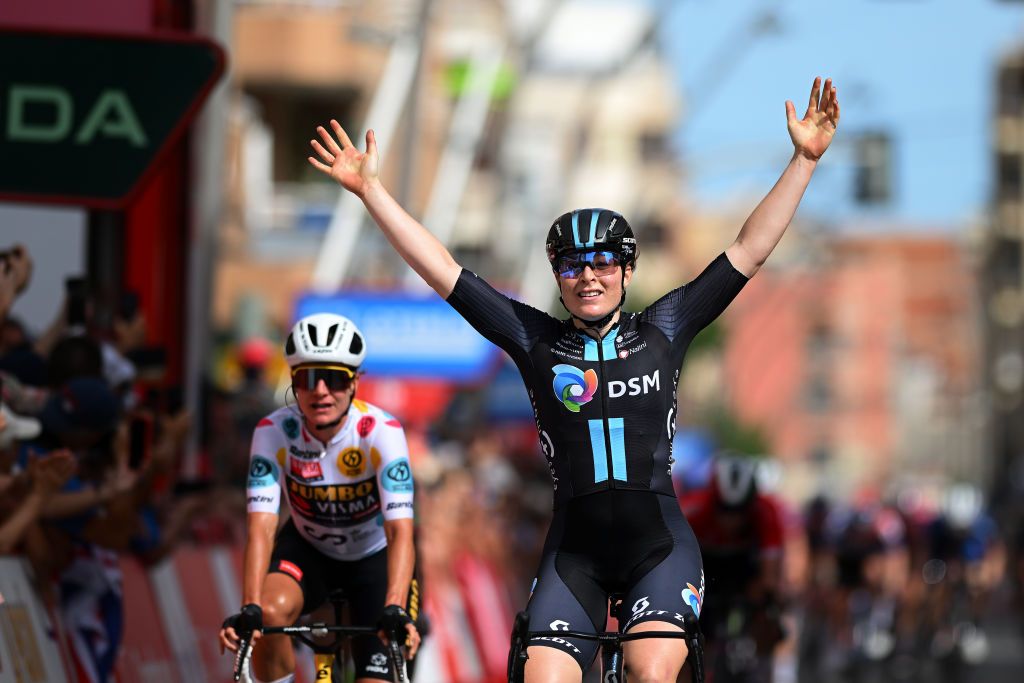PILAR DE LA HORADADA SPAIN MAY 02 Charlotte Kool of The Netherlands and Team DSM celebrates at finish line as stage winner ahead of Marianne Vos of The Netherlands and Team JumboVisma Polka dot Mountain Jersey during the 9th La Vuelta Femenina 2023 Stage 2 a 1058km stage from Orihuela to Pilar de la Horadada UCIWWT on May 02 2023 in Pilar de la Horadada Spain Photo by Dario BelingheriGetty Images