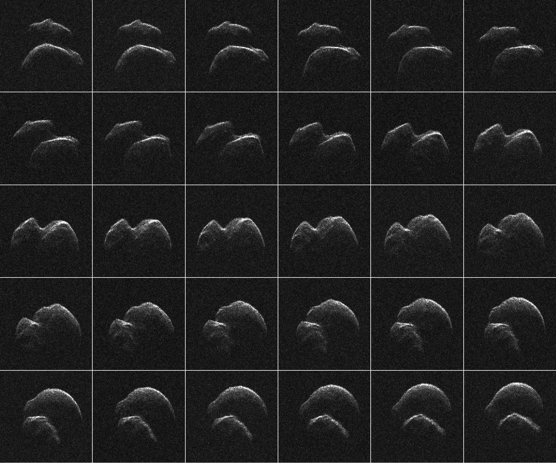 a mosaic of twenty-five different frames of a lumpy rock on a black background, seen from different angles and only illuminated along its edges