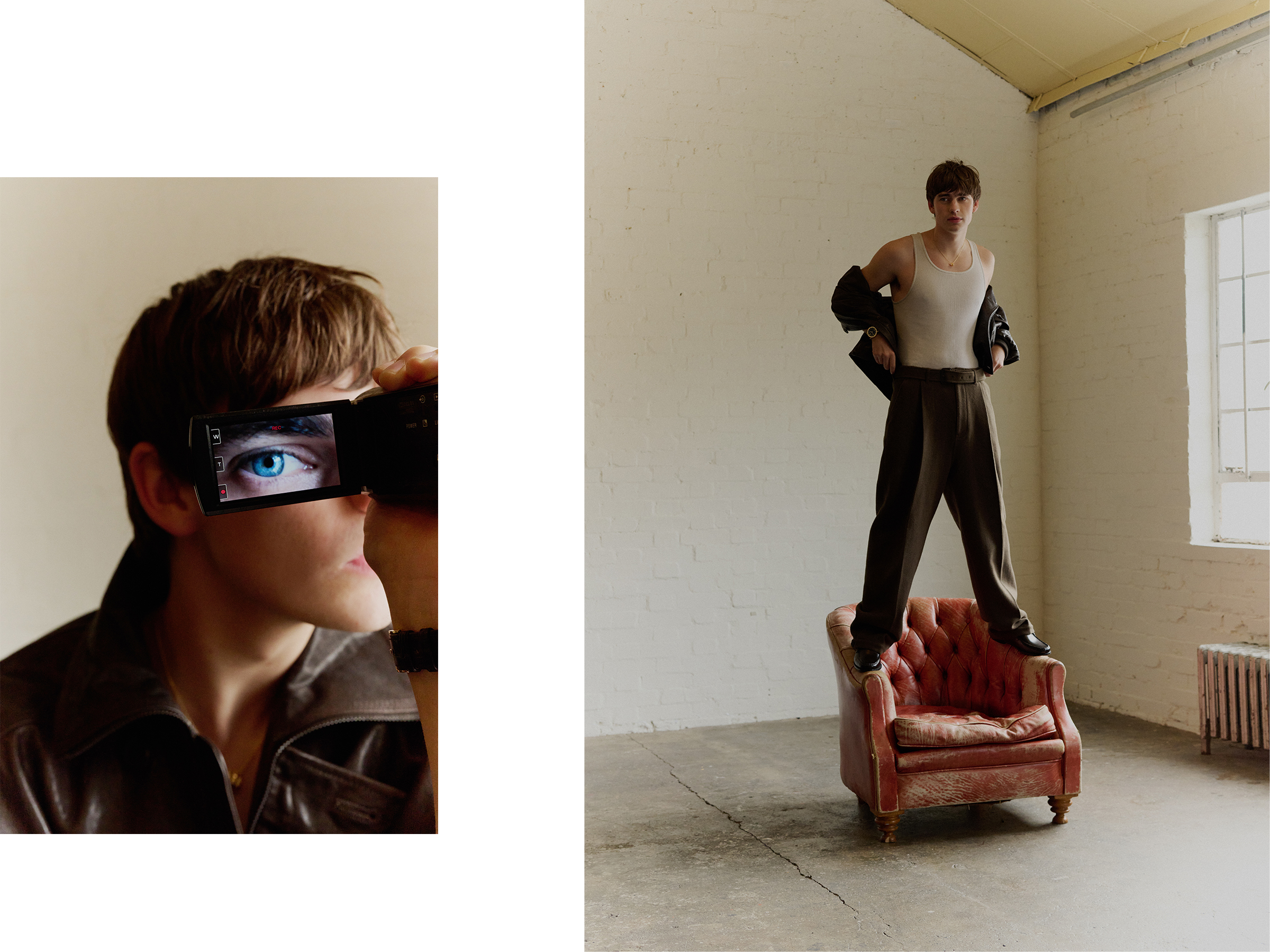 On the left, Spike Fearn is looking into a camcorder, which shows a close up of his right eye. On the right, Fearn is standing on the arms of a worn orange leather chair. His dark brown leather jacket is hanging off his shoulders revealing a white tank top underneath and his brown trousers.