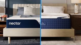 A split screen of the Nectar Classic mattress vs the DreamCloud Memory Foam Mattress