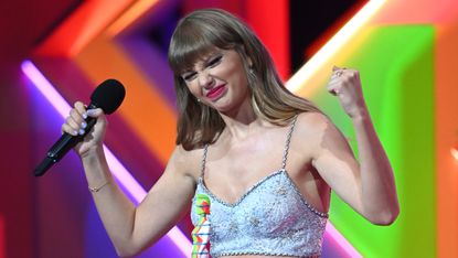Taylor Swift accepts the award for Global Icon during The BRIT Awards 2021 at The O2 Arena on May 11, 2021 in London, England.