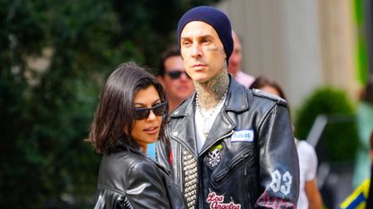 Kourtney Kardashian and Travis Barker are seen on October 16, 2021 in New York City. 