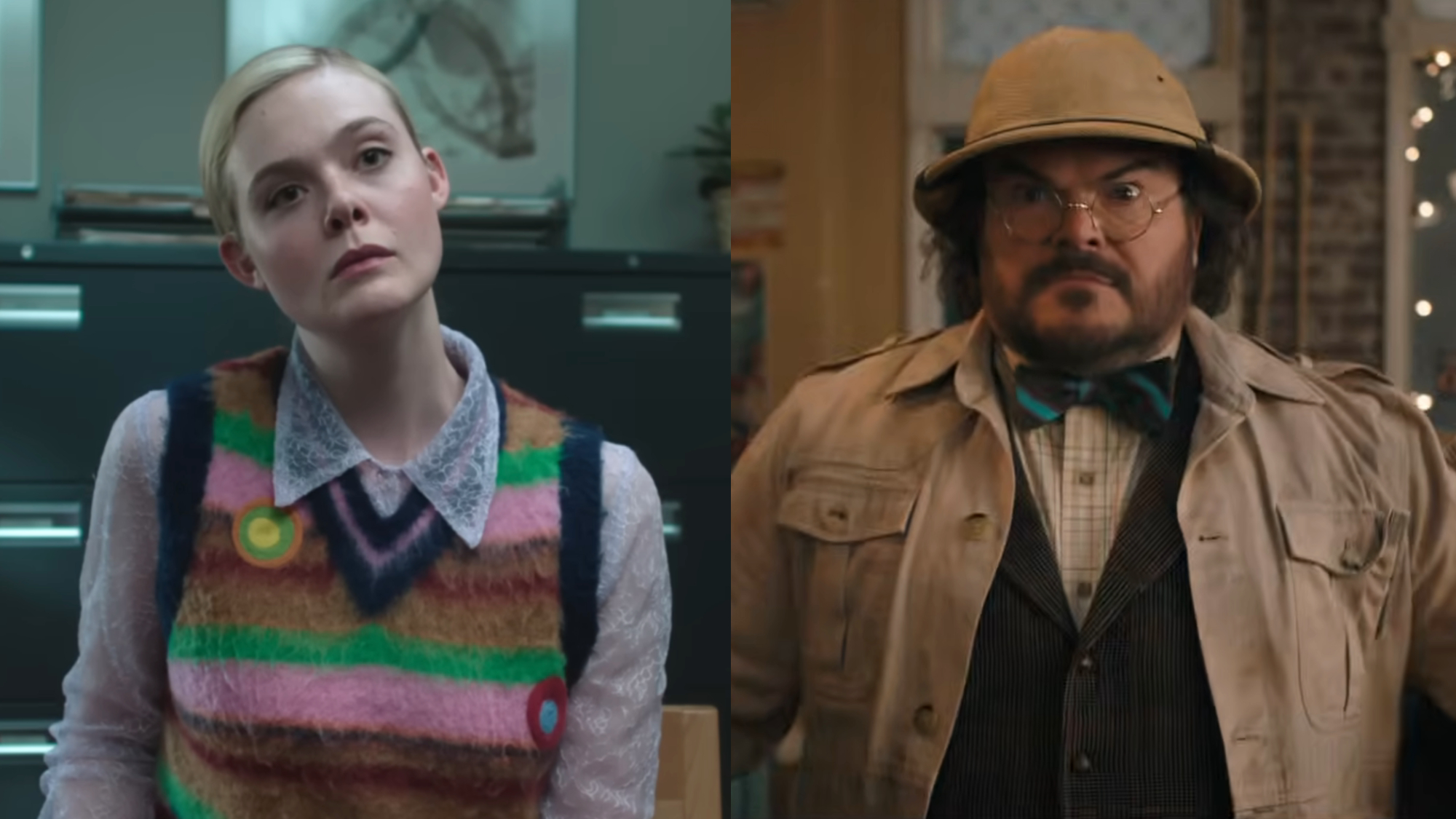 Elle Fanning in Margo's Got Money Troubles, next to Jack Black as "Shelly" in Jumanji: Open World.