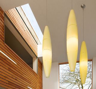 Long pendant lights accentuate the height of the ceiling in the living area